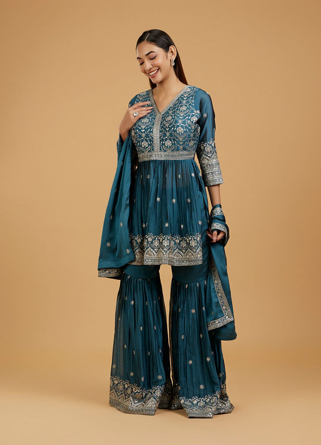 Mohey Women Radiant Blue Chinon Sharara Suit