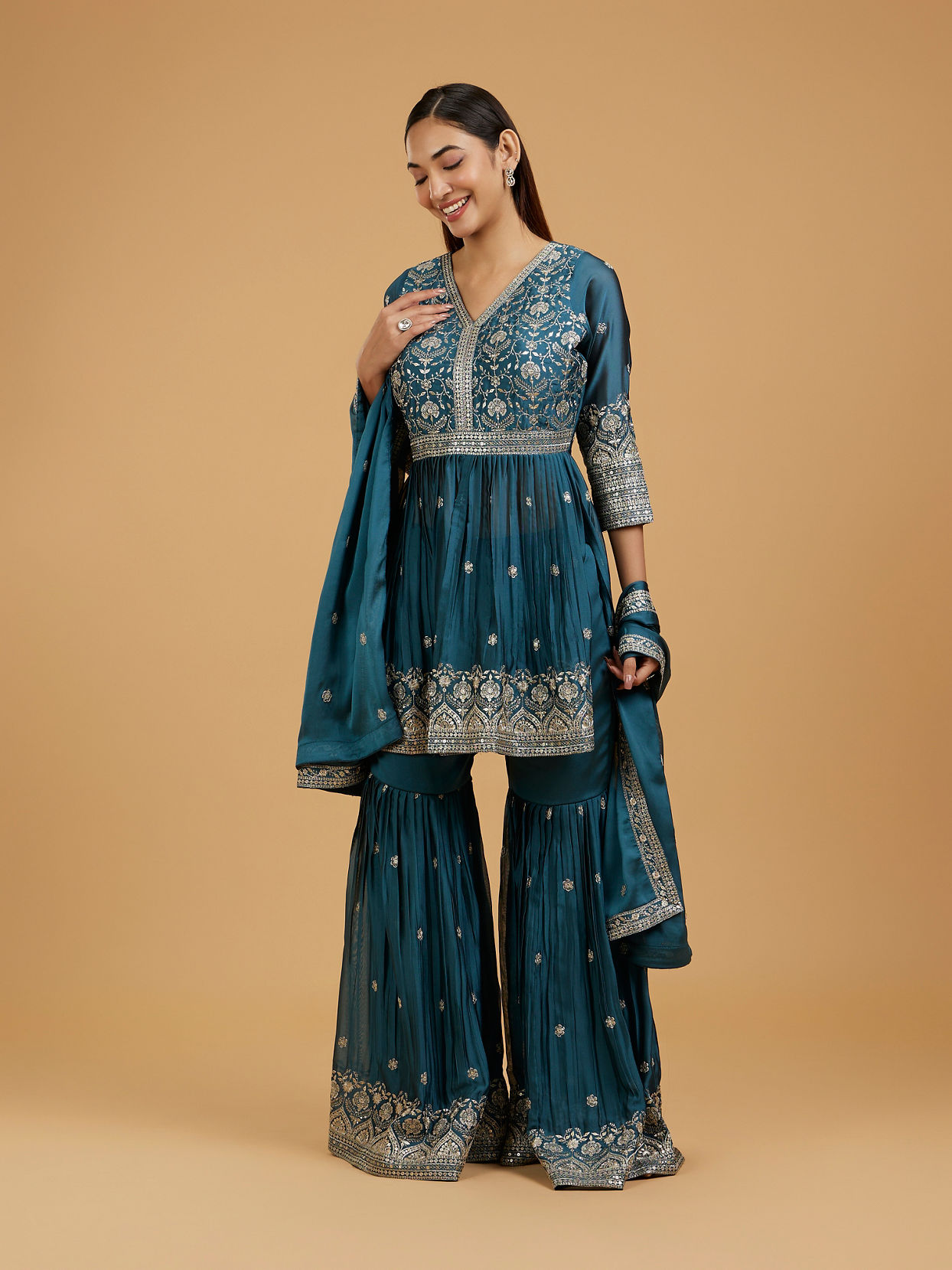 Mohey Women Radiant Blue Chinon Sharara Suit