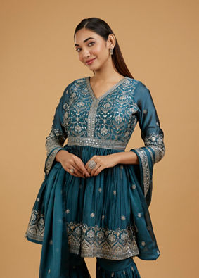 Mohey Women Radiant Blue Chinon Sharara Suit