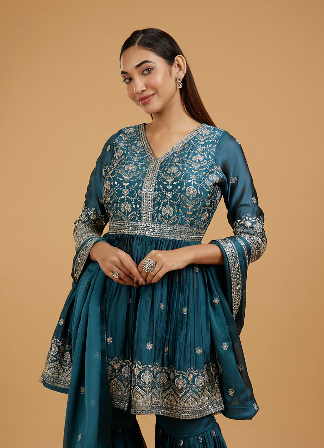 Mohey Women Radiant Blue Chinon Sharara Suit