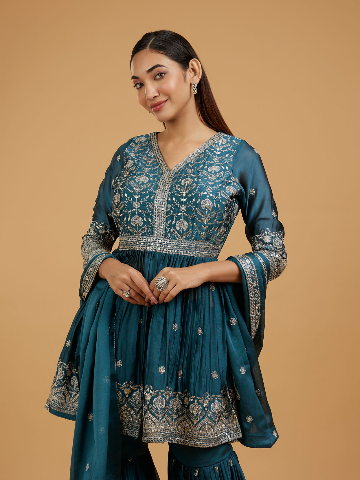 Mohey Women Radiant Blue Chinon Sharara Suit