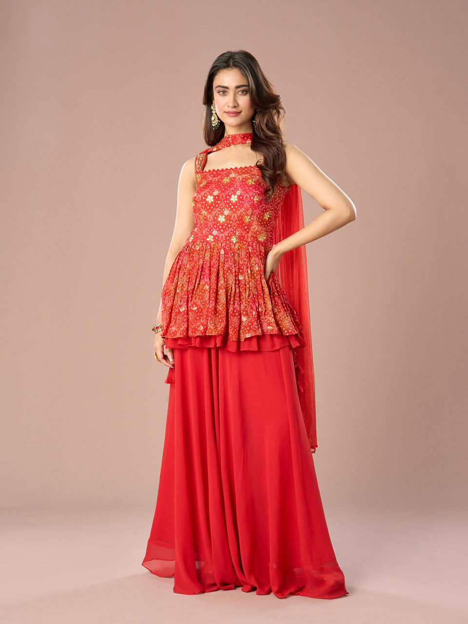Mohey Women Radiant Red Palazzo Suit