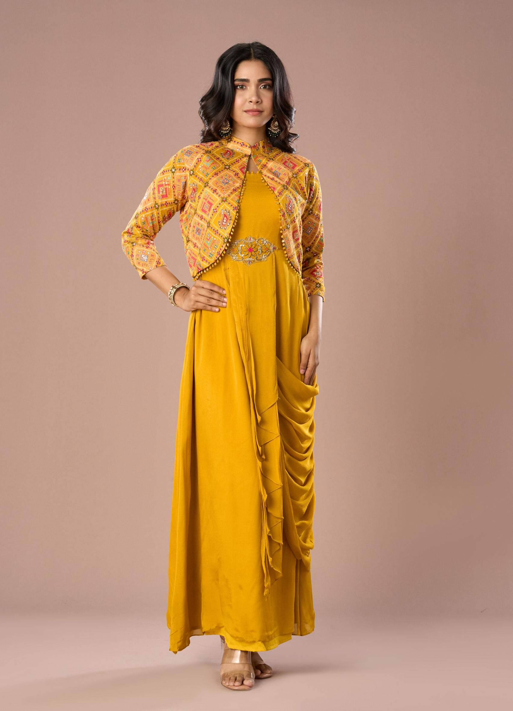 mustard yellow dress online india Neerus Yellow Floral Thread Embroidered Rayon Maxi Dress for Festive Women   Neerus India