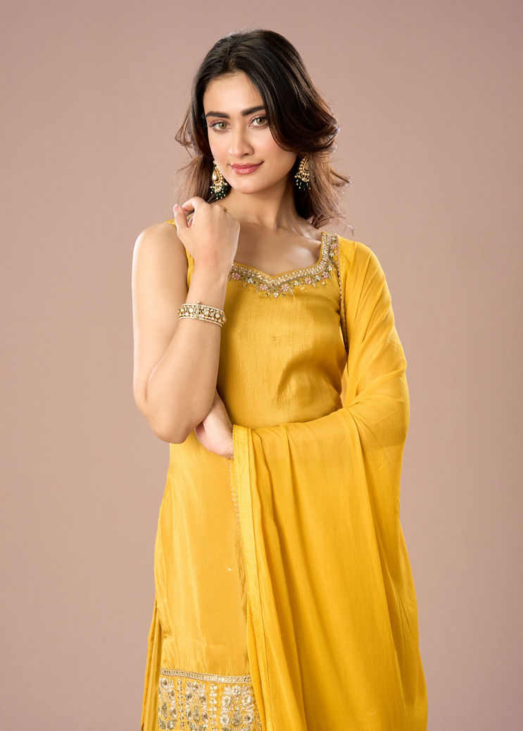 mustard yellow dress for haldi Mustard Yellow Heavy Sequins Zari Embellished Flowy Luxe Haldi Wear