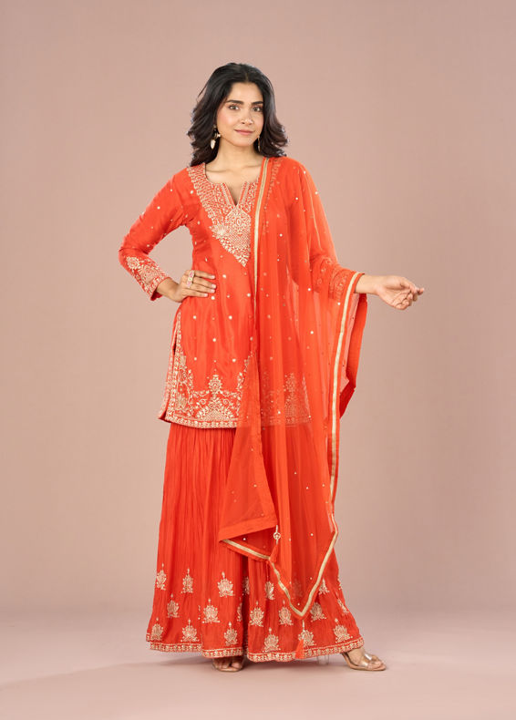 Mohey Women Vibrant Orange Sharara Suit Set