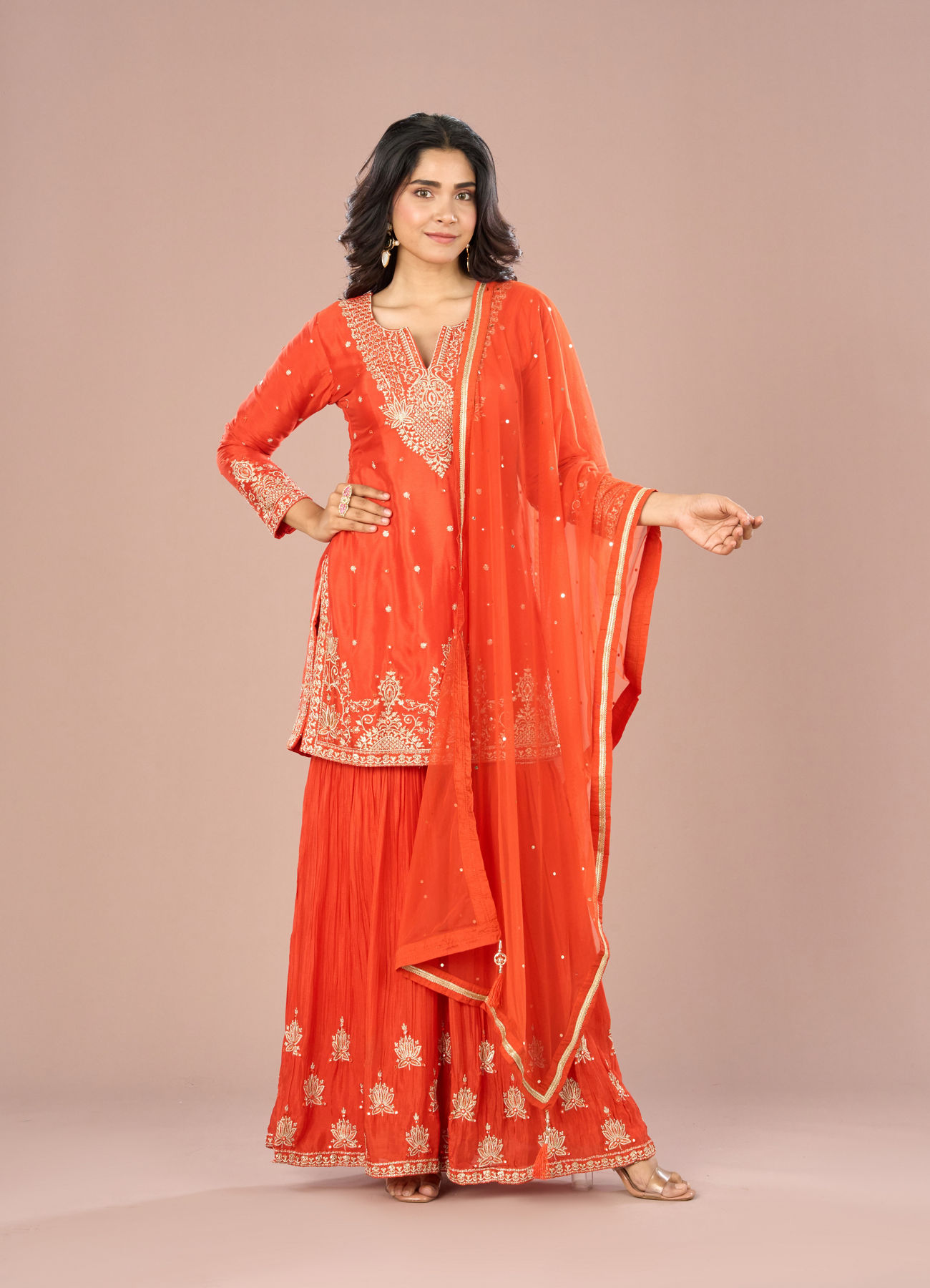 Mohey Women Vibrant Orange Sharara Suit Set