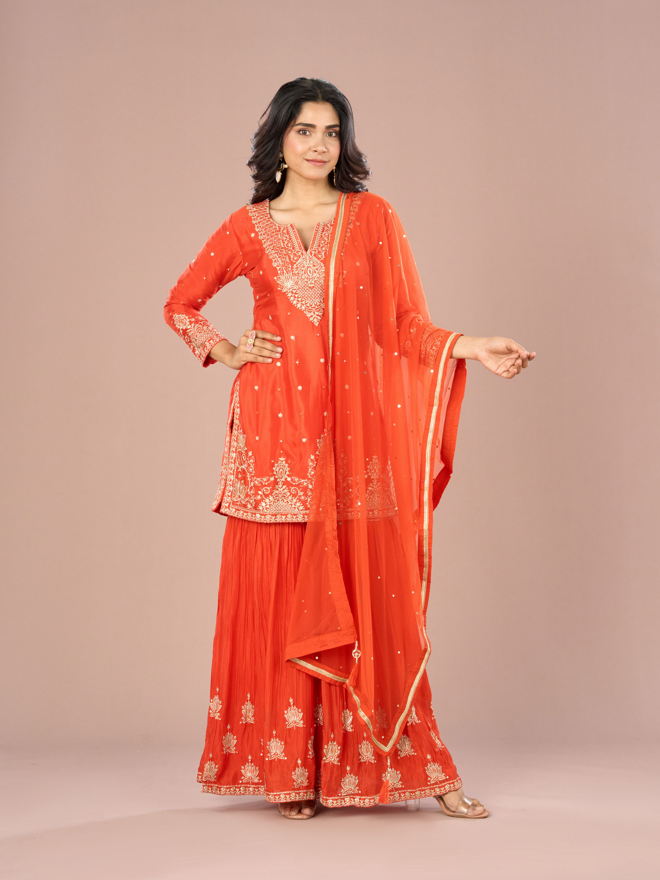 Mohey Women Vibrant Orange Sharara Suit Set