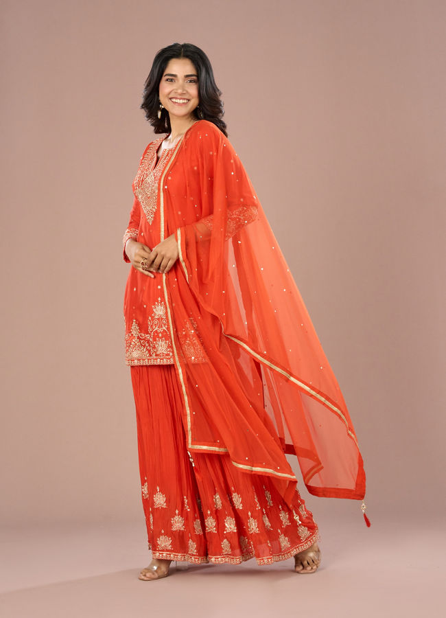 Mohey Women Vibrant Orange Sharara Suit Set