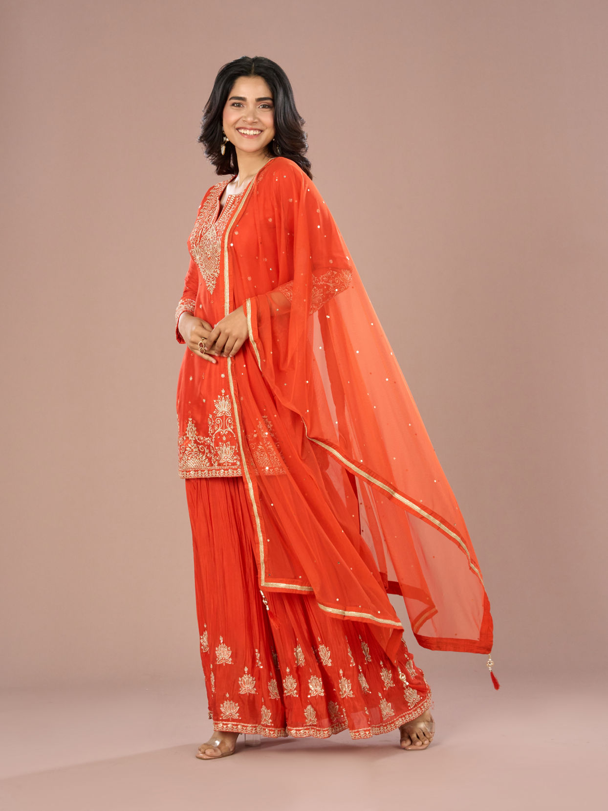 Mohey Women Vibrant Orange Sharara Suit Set