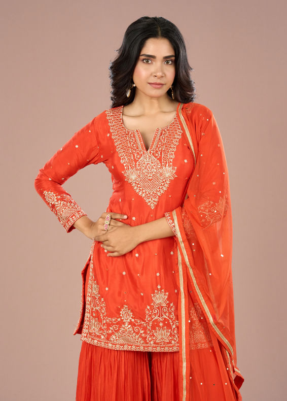 Mohey Women Vibrant Orange Sharara Suit Set