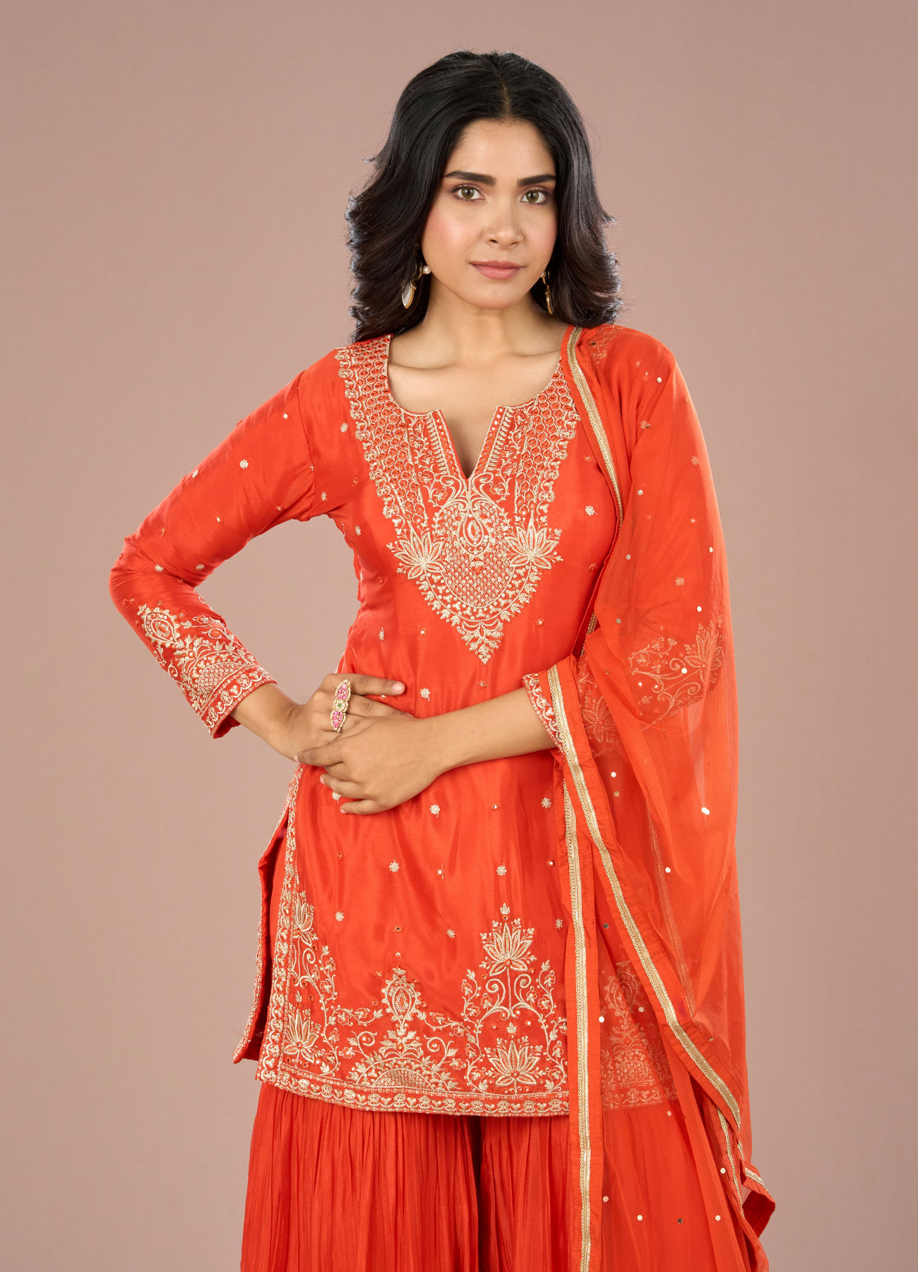 Mohey Women Vibrant Orange Sharara Suit Set