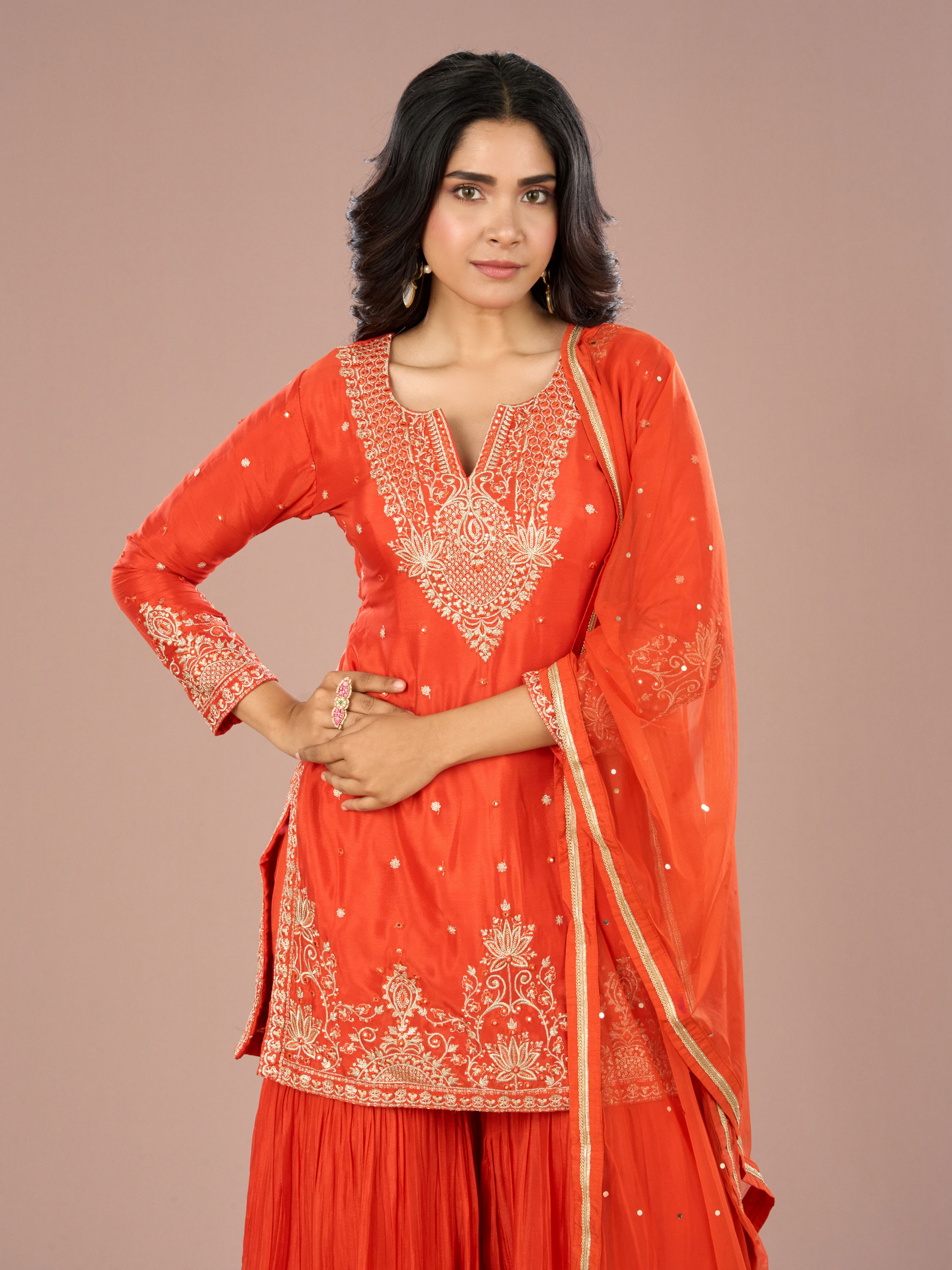 Mohey Women Vibrant Orange Sharara Suit Set