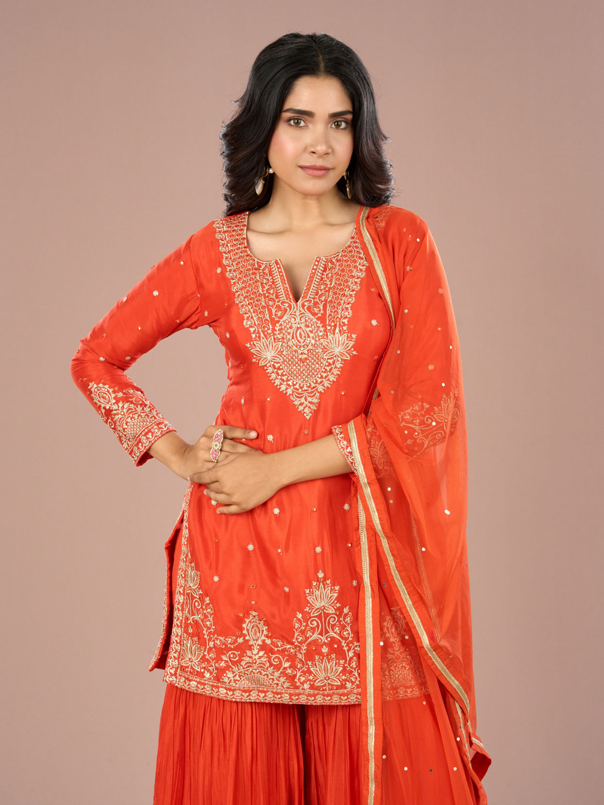 Mohey Women Vibrant Orange Sharara Suit Set