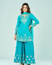 Mohey Women Rama Green Chinon Sharara Suit