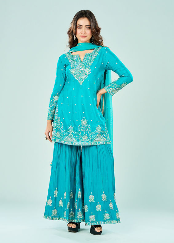 Mohey Women Rama Green Chinon Sharara Suit