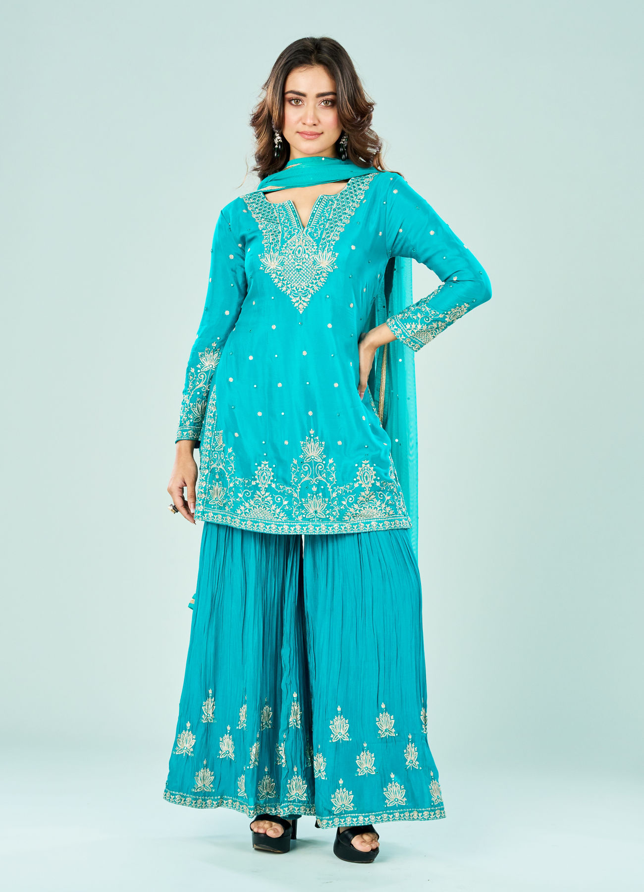 Mohey Women Rama Green Chinon Sharara Suit