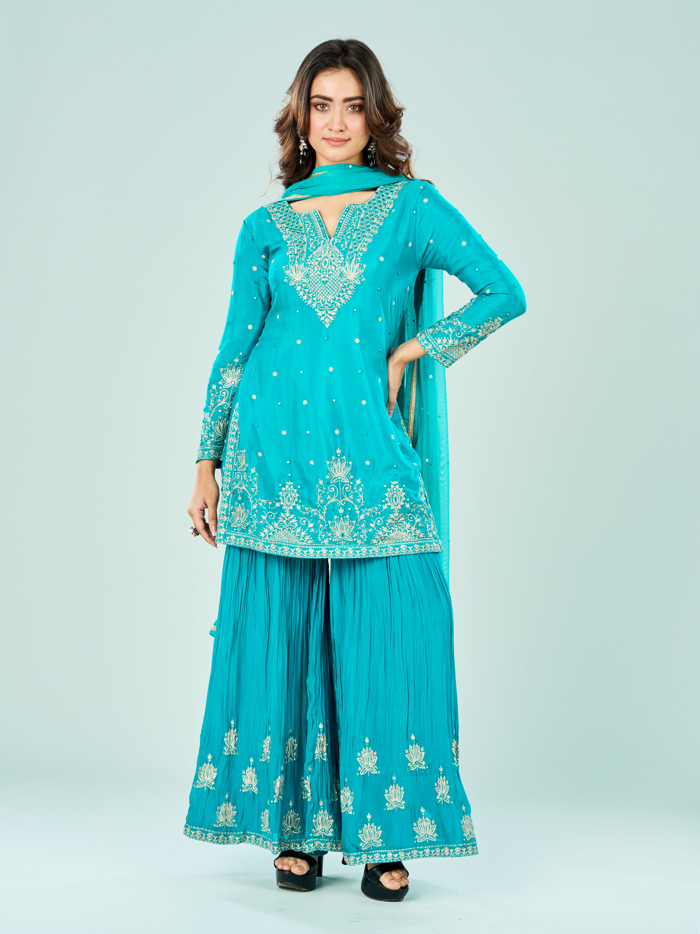 Mohey Women Rama Green Chinon Sharara Suit