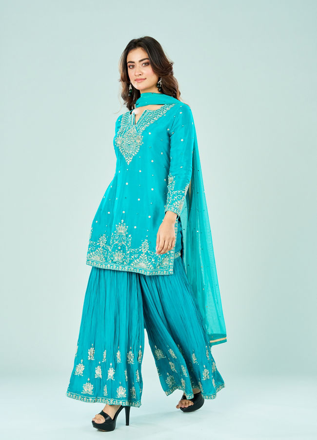 Mohey Women Rama Green Chinon Sharara Suit