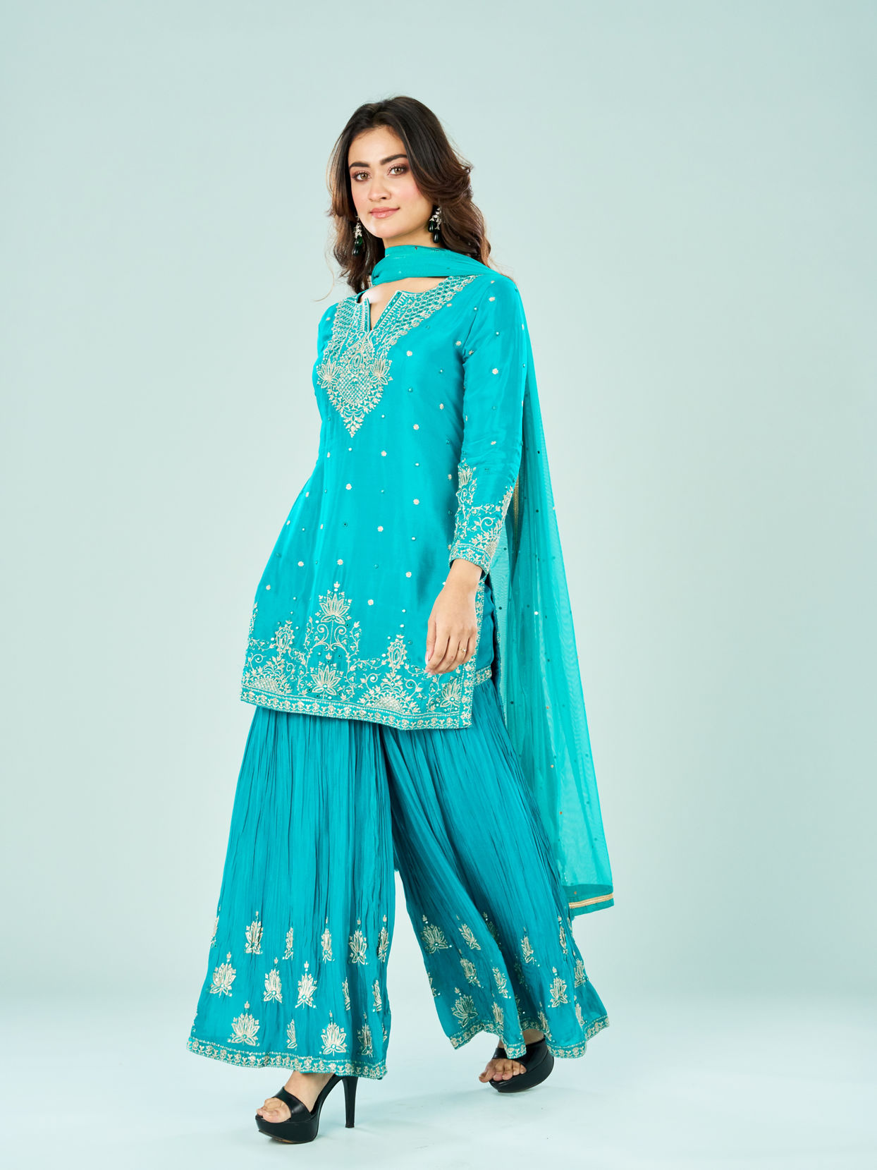 Mohey Women Rama Green Chinon Sharara Suit