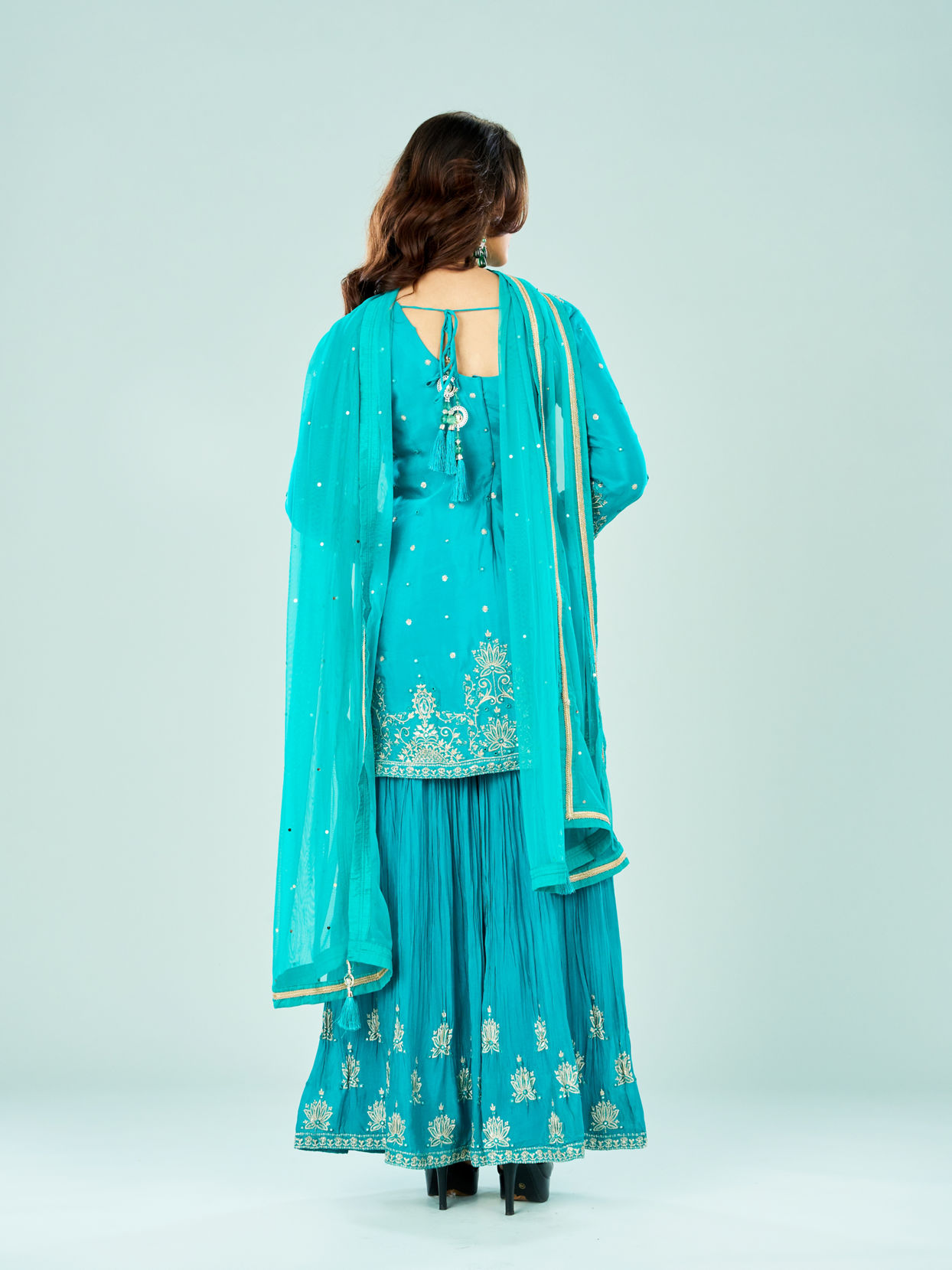 Mohey Women Rama Green Chinon Sharara Suit