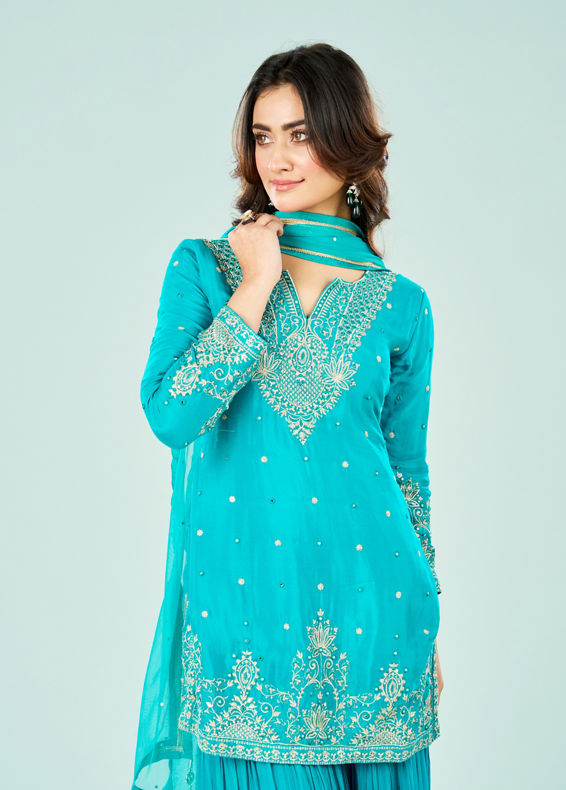 Mohey Women Rama Green Chinon Sharara Suit