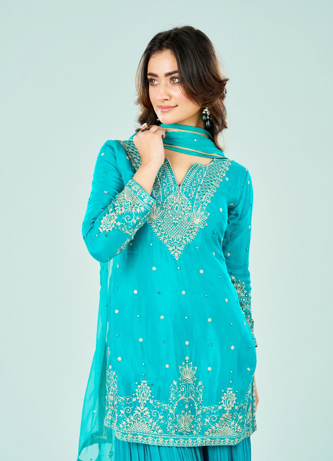 Mohey Women Rama Green Chinon Sharara Suit