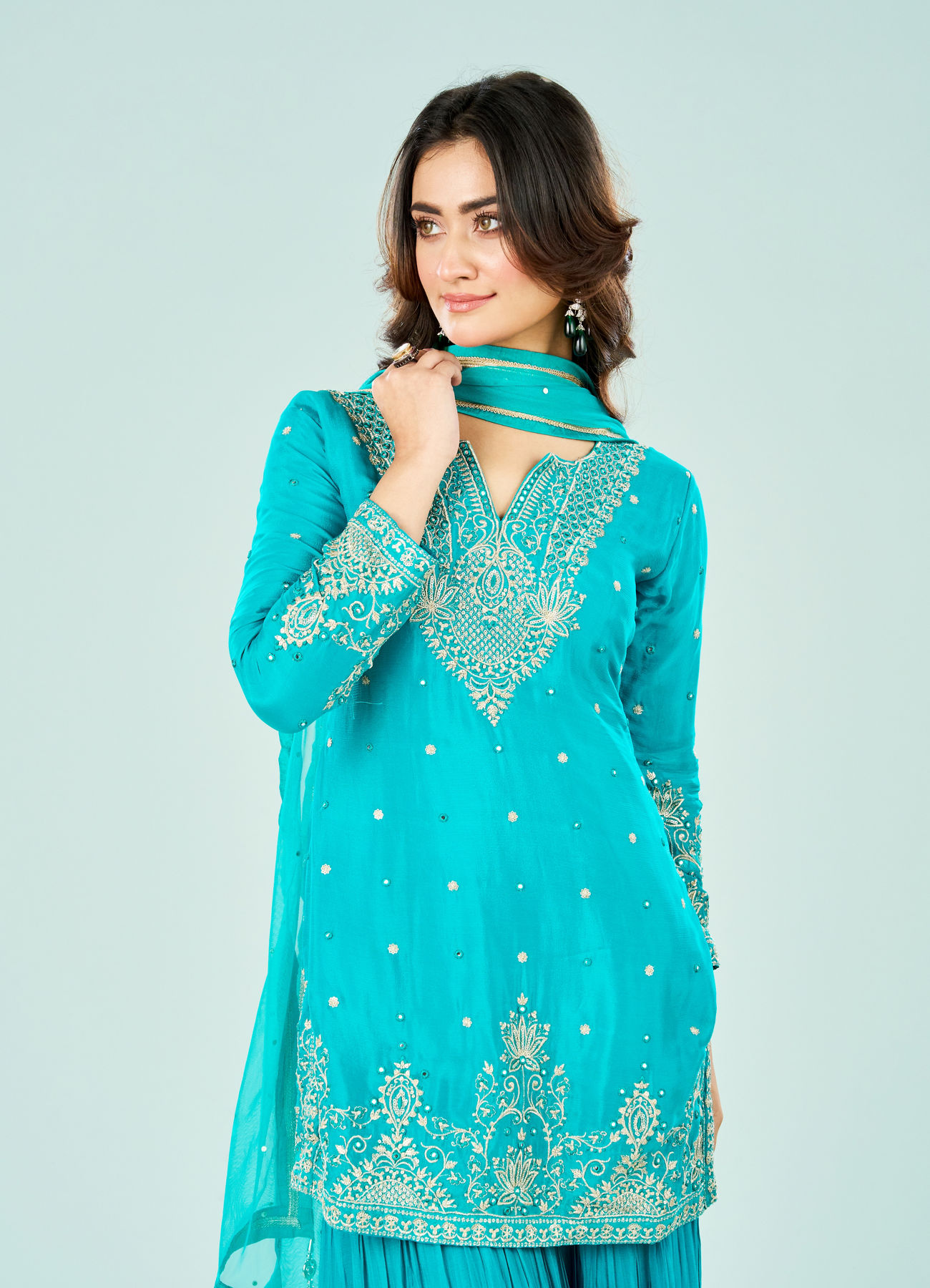 Mohey Women Rama Green Chinon Sharara Suit
