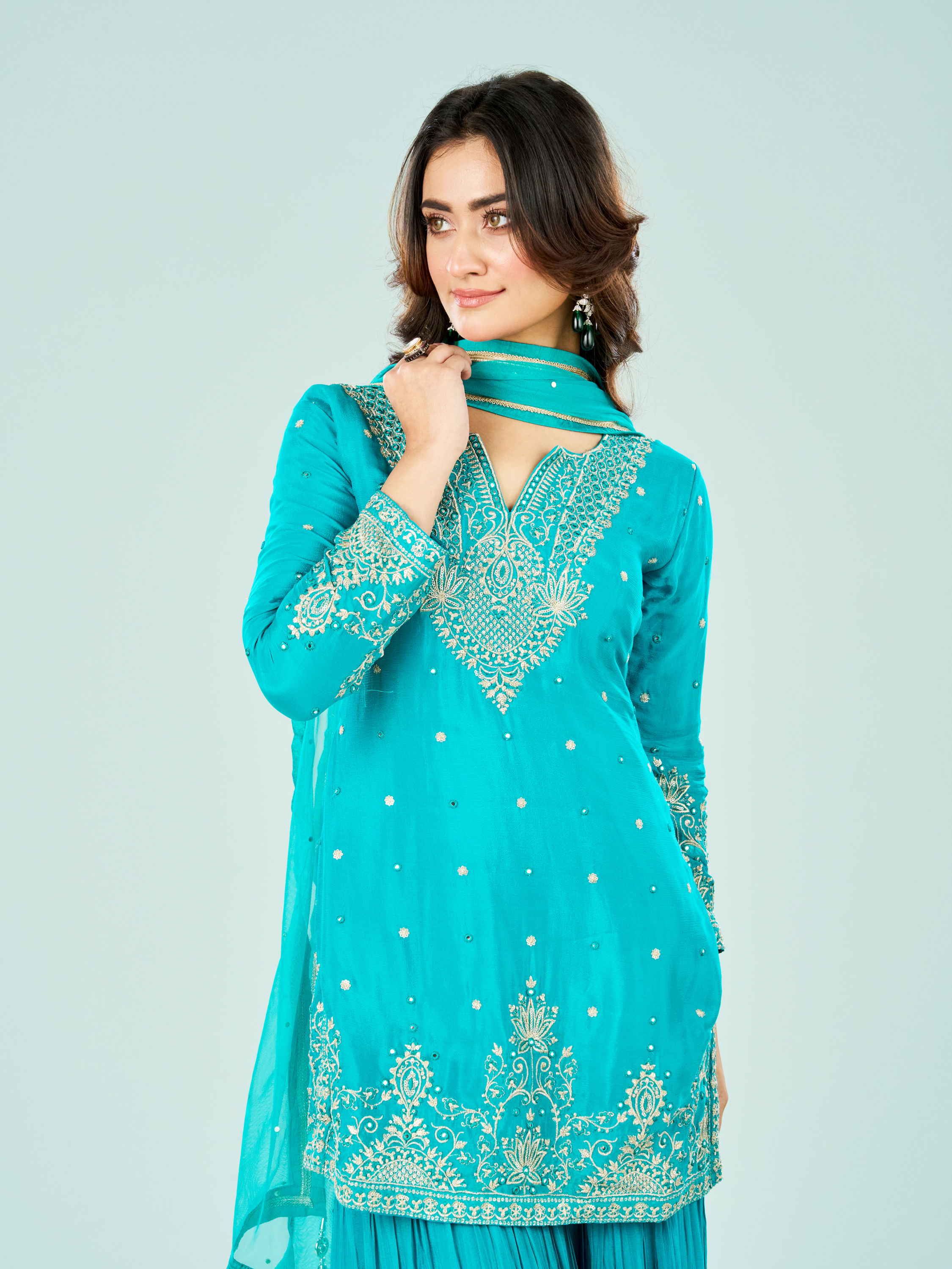 Mohey Women Rama Green Chinon Sharara Suit