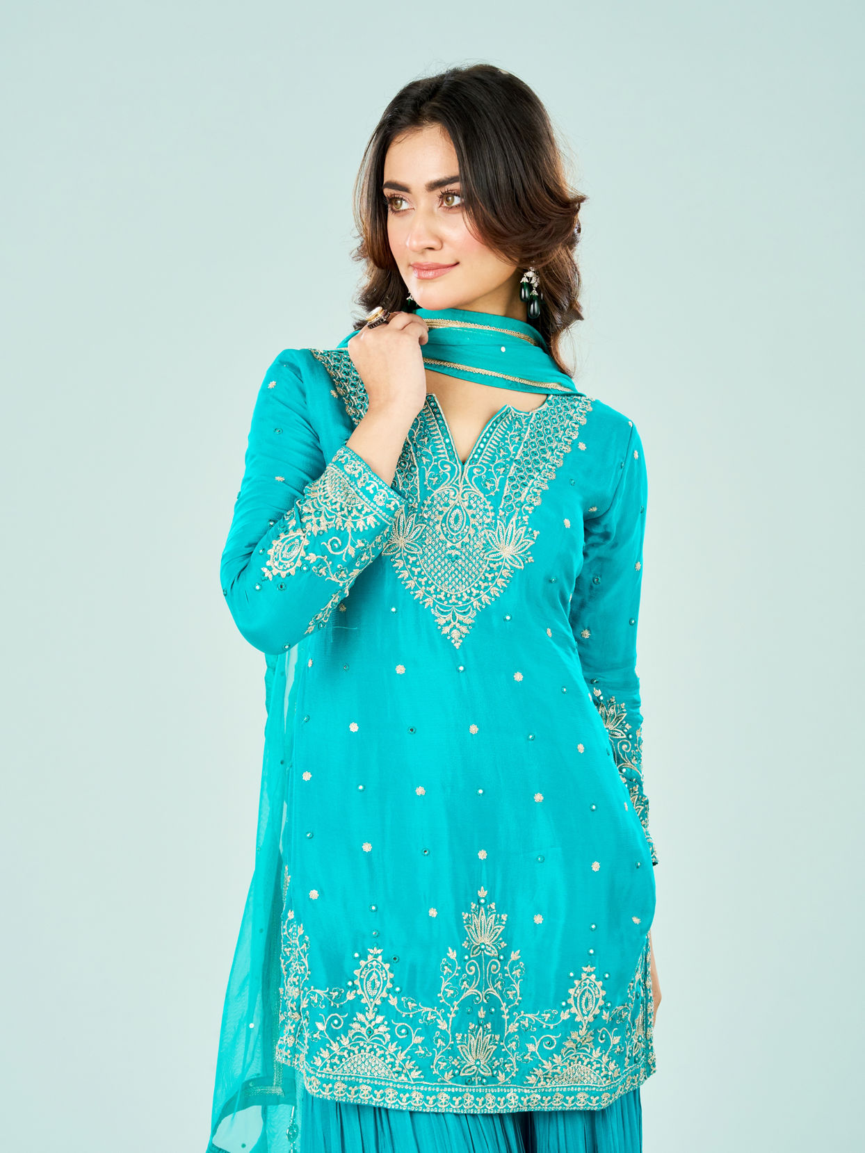 Mohey Women Rama Green Chinon Sharara Suit