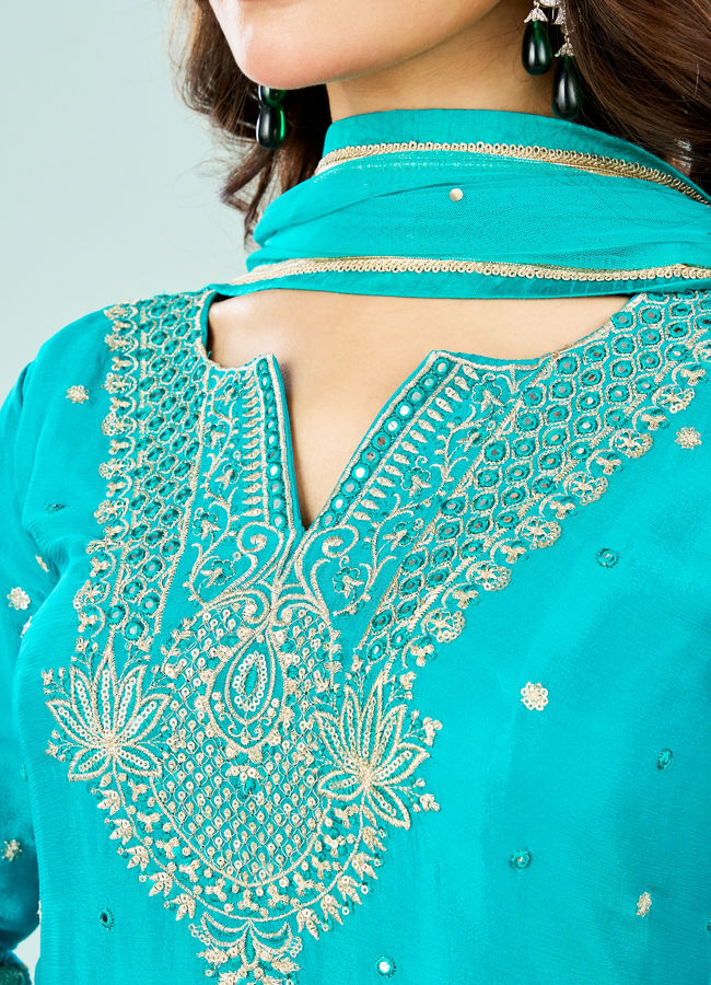 Mohey Women Rama Green Chinon Sharara Suit