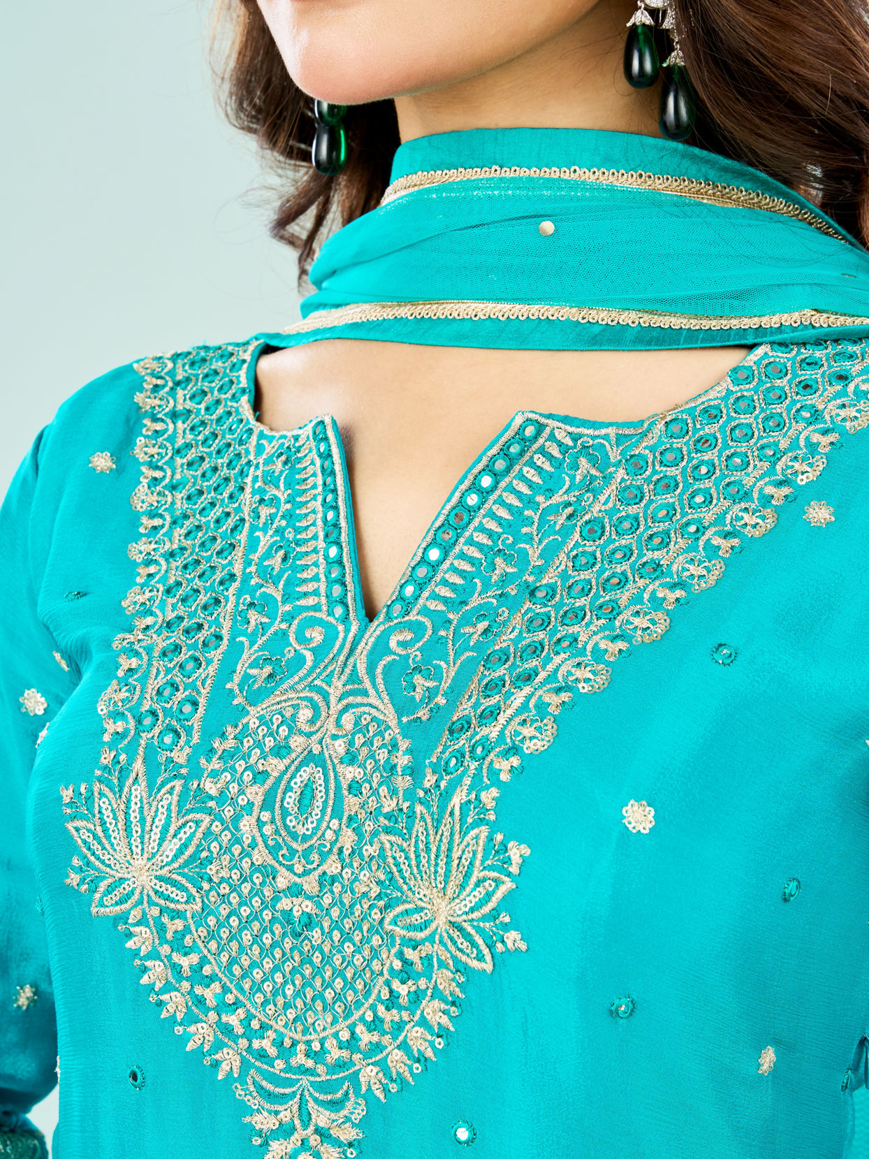 Mohey Women Rama Green Chinon Sharara Suit