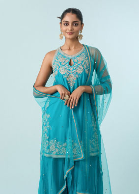 Mohey Women Blue Chinon Palazzo Suit