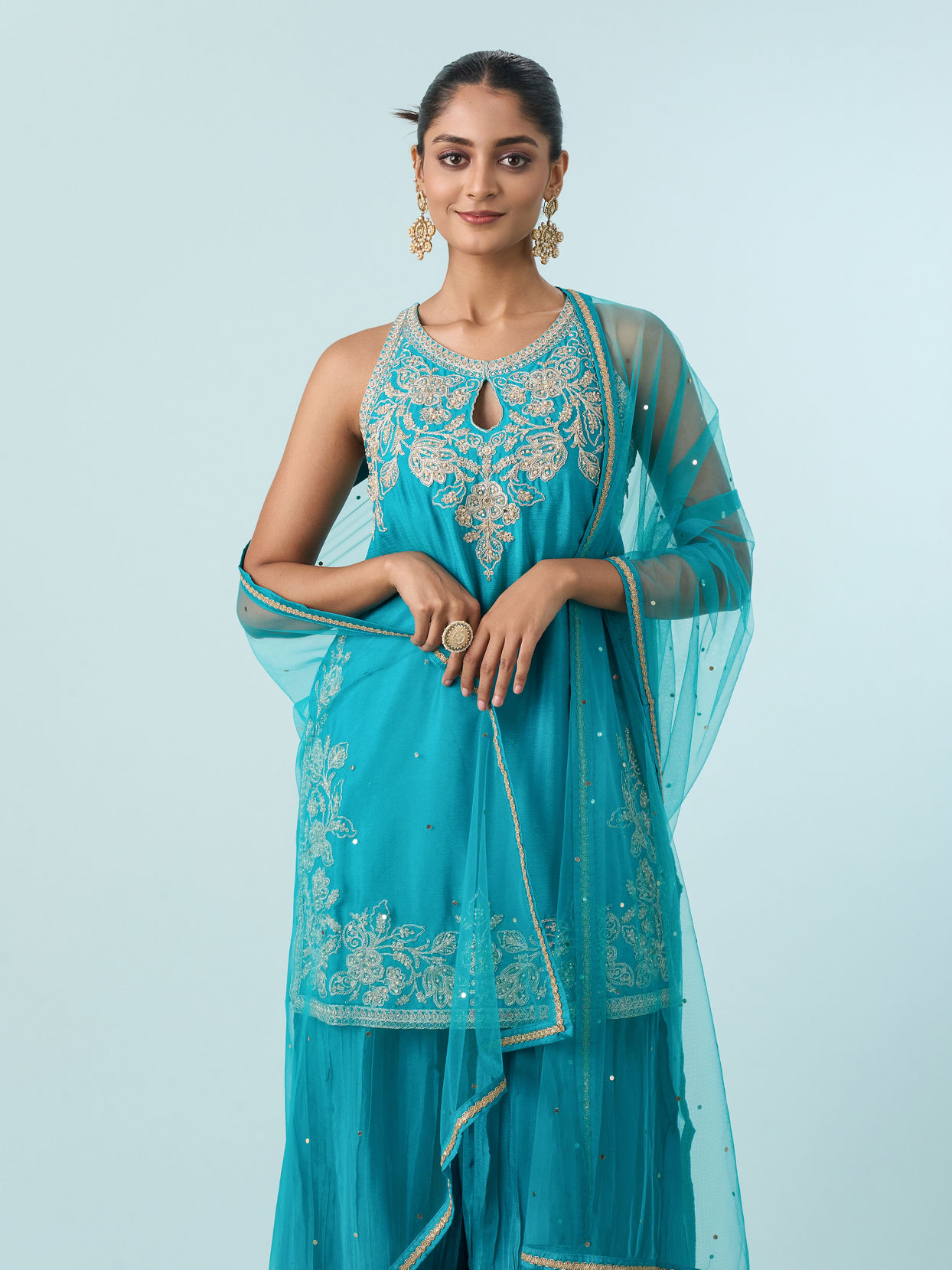 Mohey Women Blue Chinon Palazzo Suit