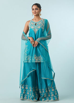 Mohey Women Blue Chinon Palazzo Suit