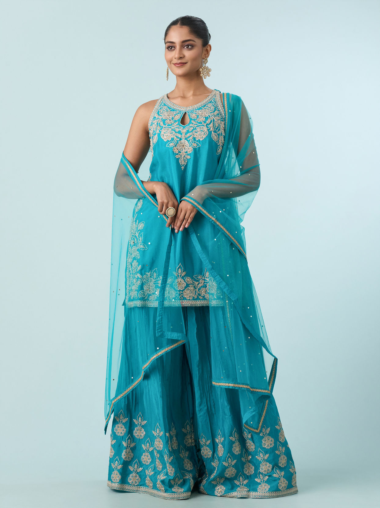 Mohey Women Blue Chinon Palazzo Suit