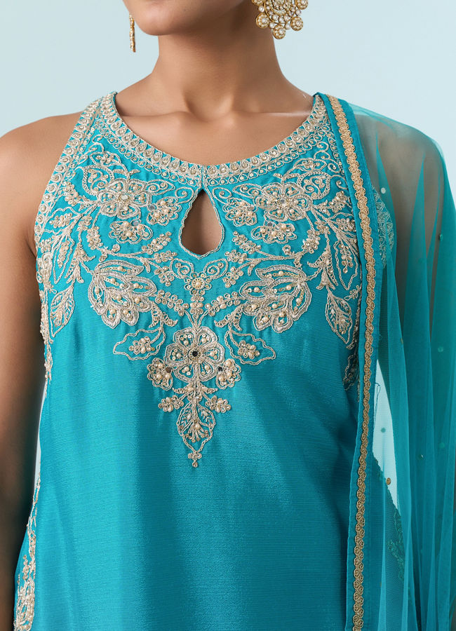 Mohey Women Blue Chinon Palazzo Suit