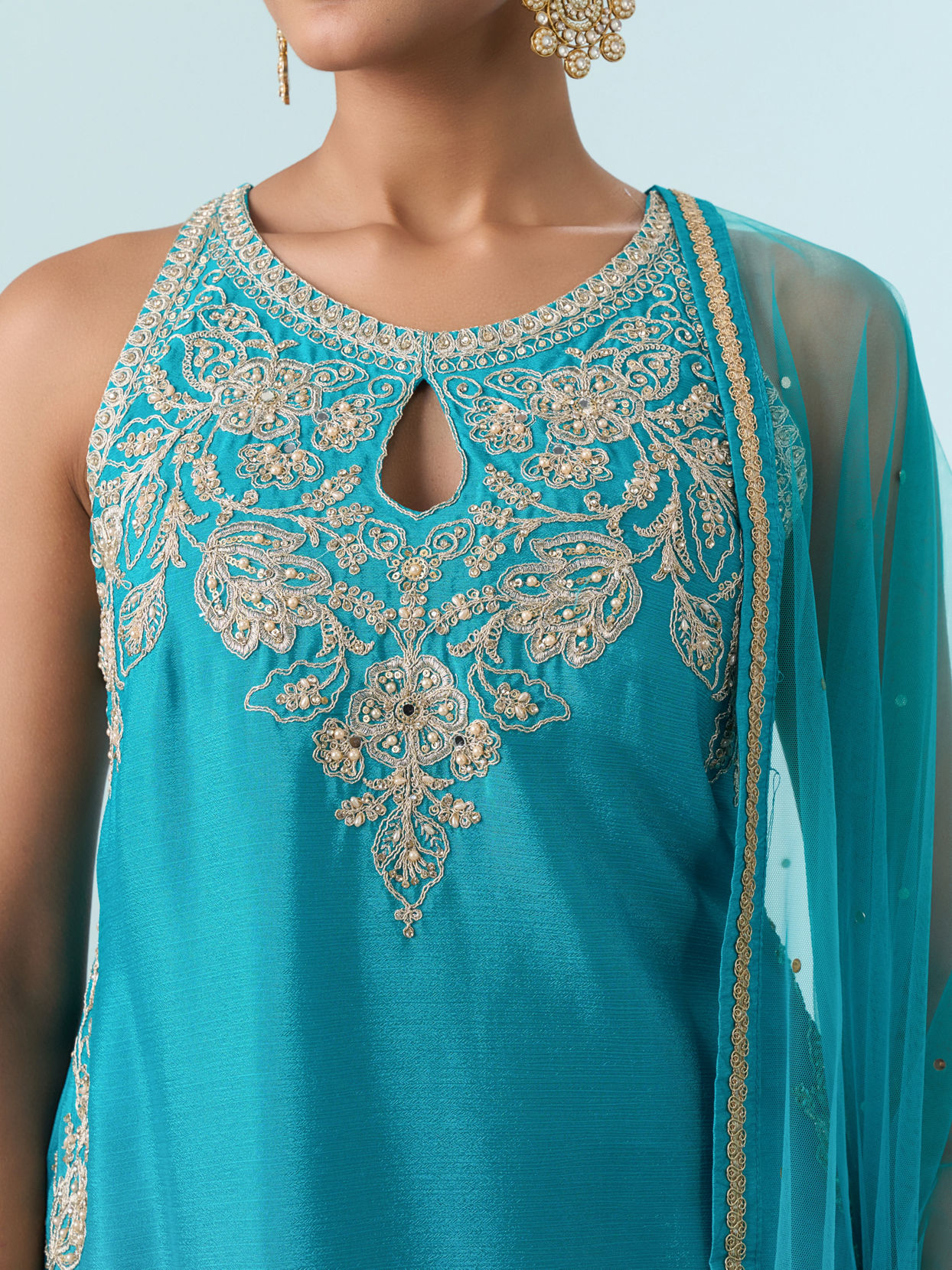 Mohey Women Blue Chinon Palazzo Suit