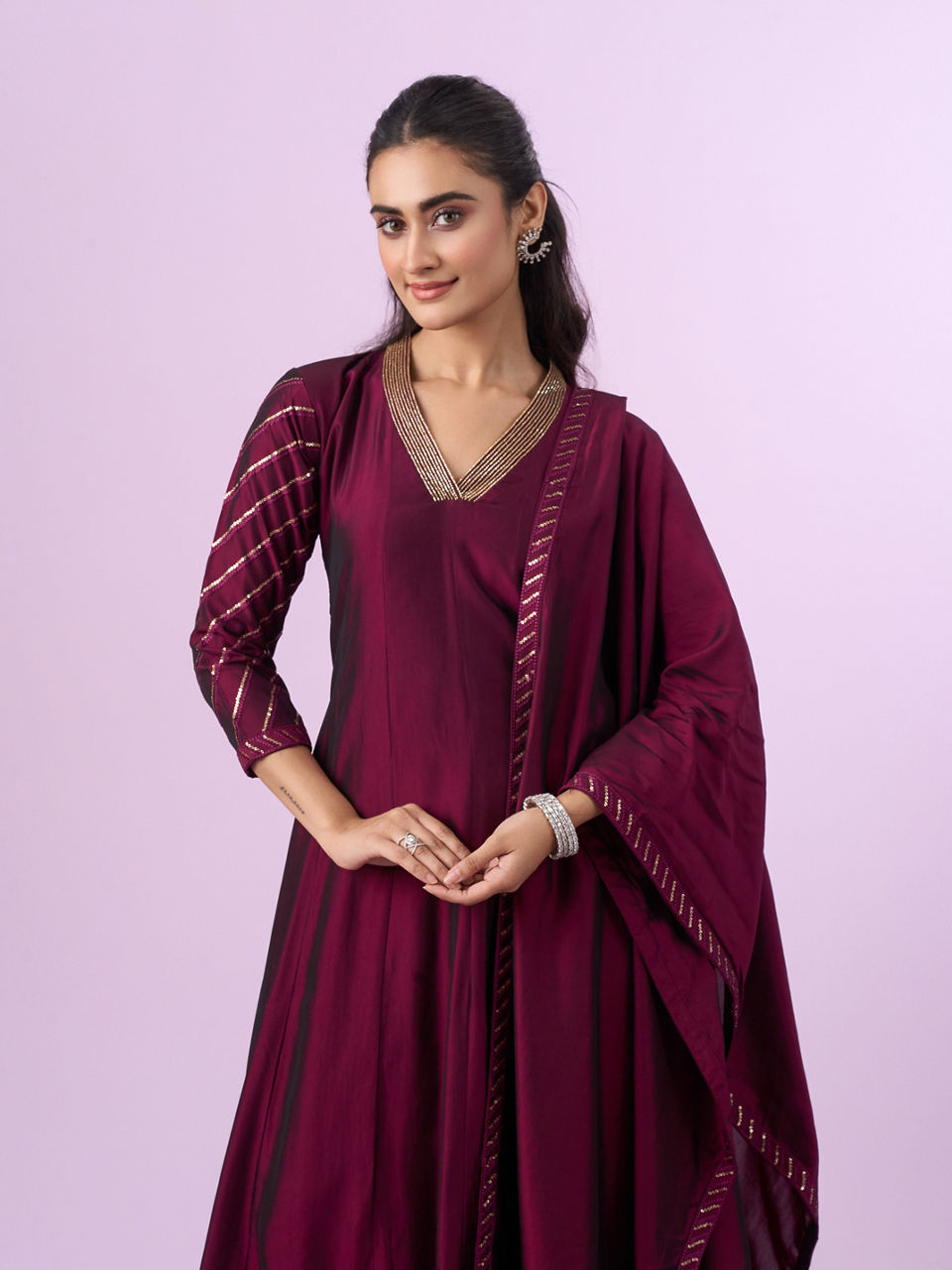 Mohey Women Elegant Wine Anarkali Stitched Suit