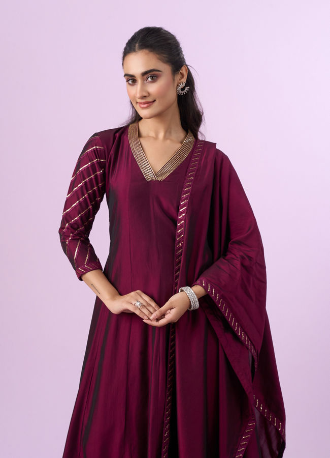 Mohey Women Elegant Wine Anarkali Stitched Suit