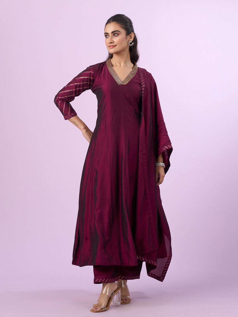 Mohey Women Elegant Wine Anarkali Stitched Suit