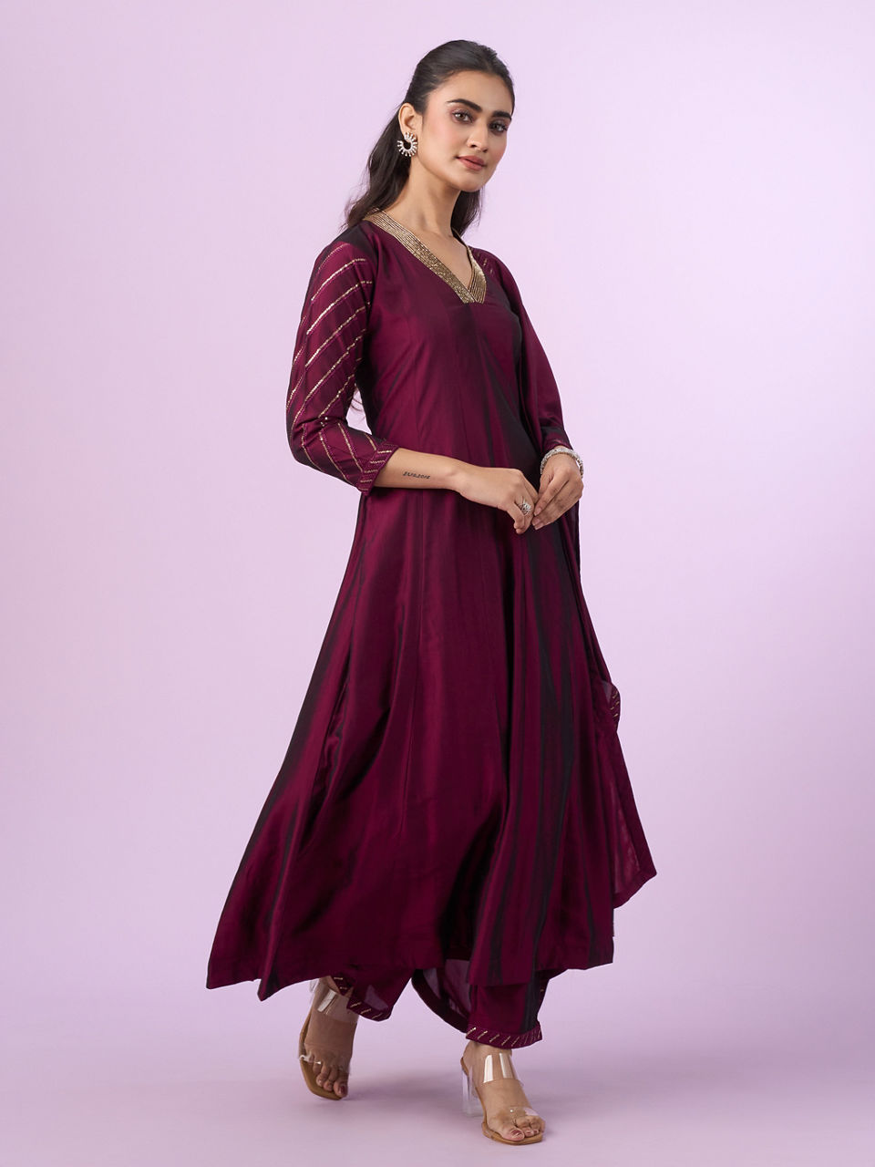 Mohey Women Elegant Wine Anarkali Stitched Suit