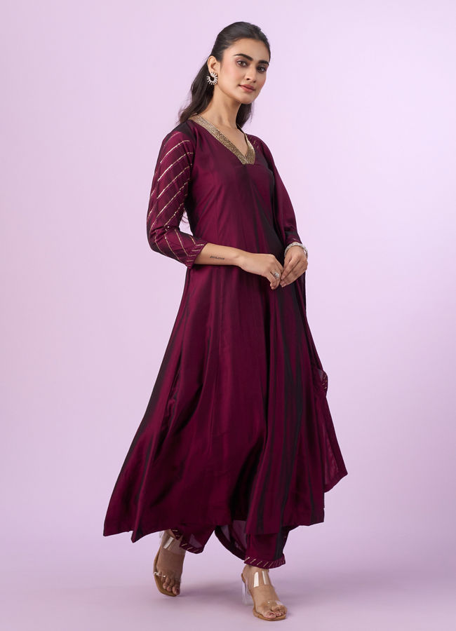 Mohey Women Elegant Wine Anarkali Stitched Suit