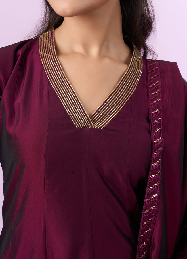 Mohey Women Elegant Wine Anarkali Stitched Suit