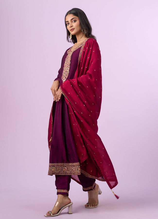 Mohey Women Wine Art Silk Anarkali Set