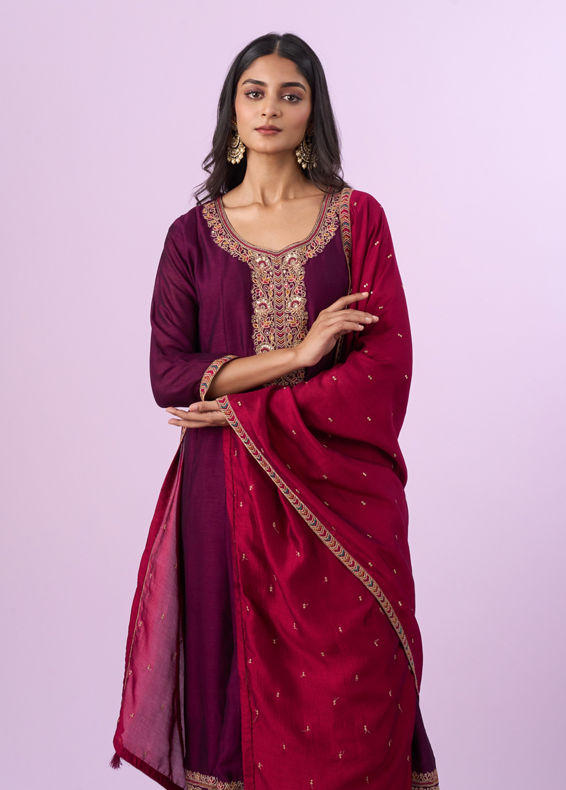 Mohey Women Wine Art Silk Anarkali Set