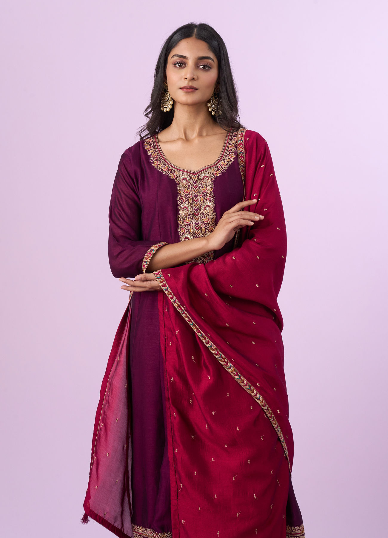 Mohey Women Wine Art Silk Anarkali Set