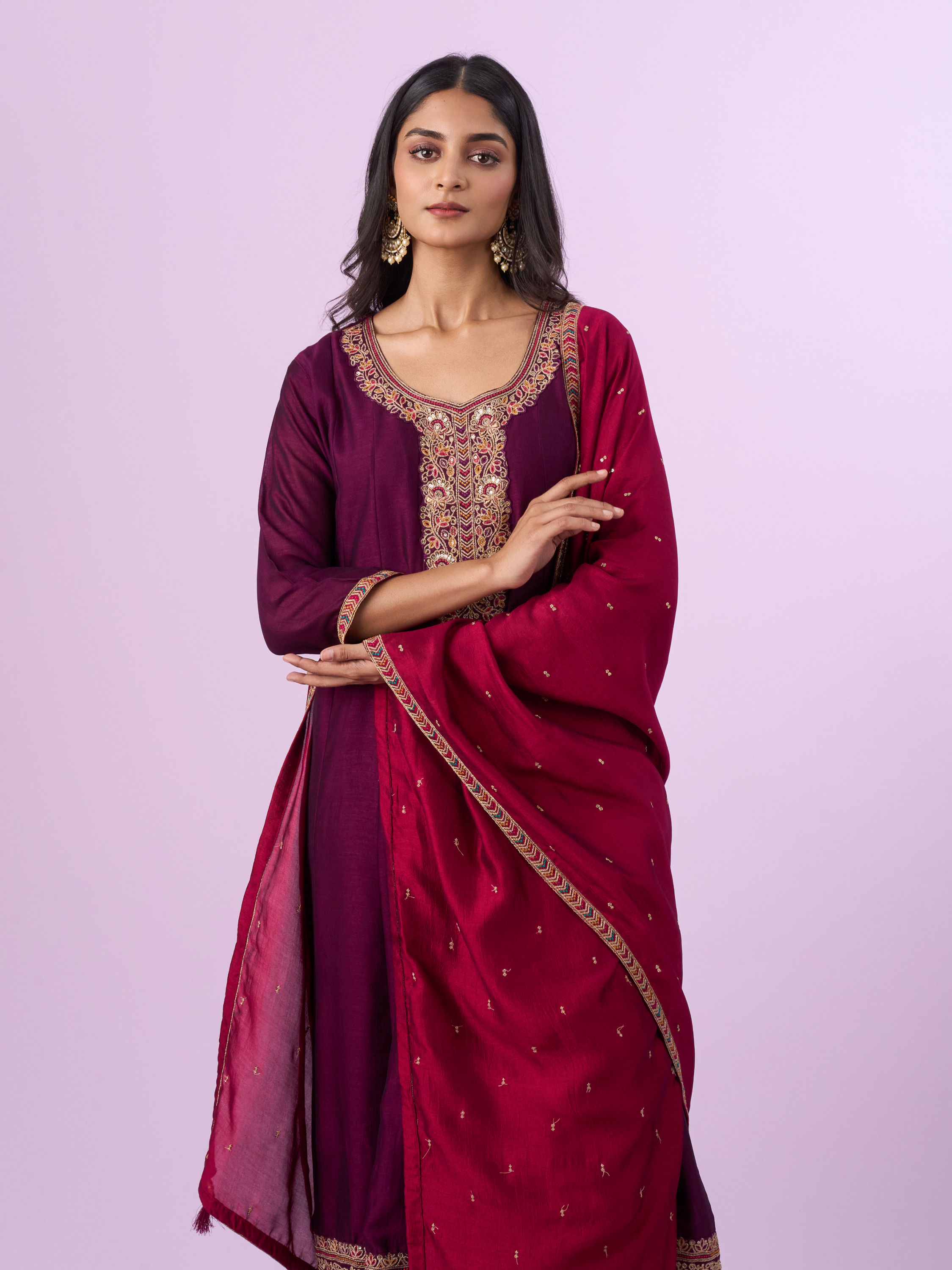 Mohey Women Wine Art Silk Anarkali Set