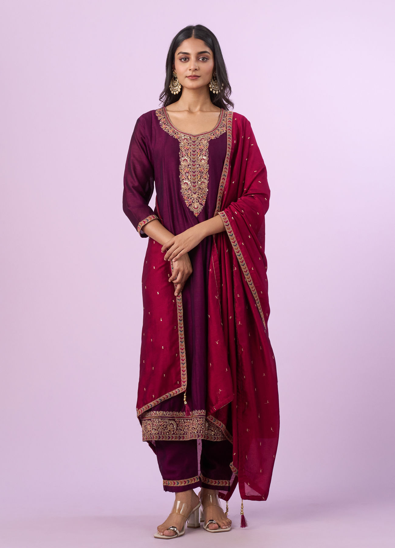 Mohey Women Wine Art Silk Anarkali Set