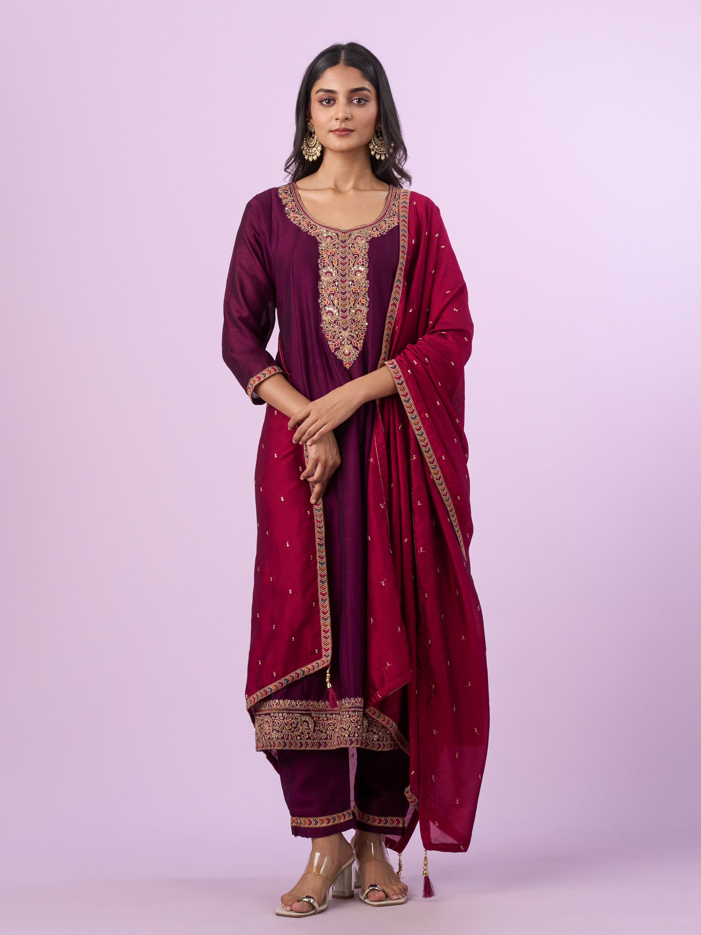 Mohey Women Wine Art Silk Anarkali Set