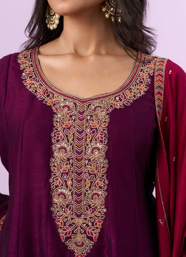 Mohey Women Wine Art Silk Anarkali Set